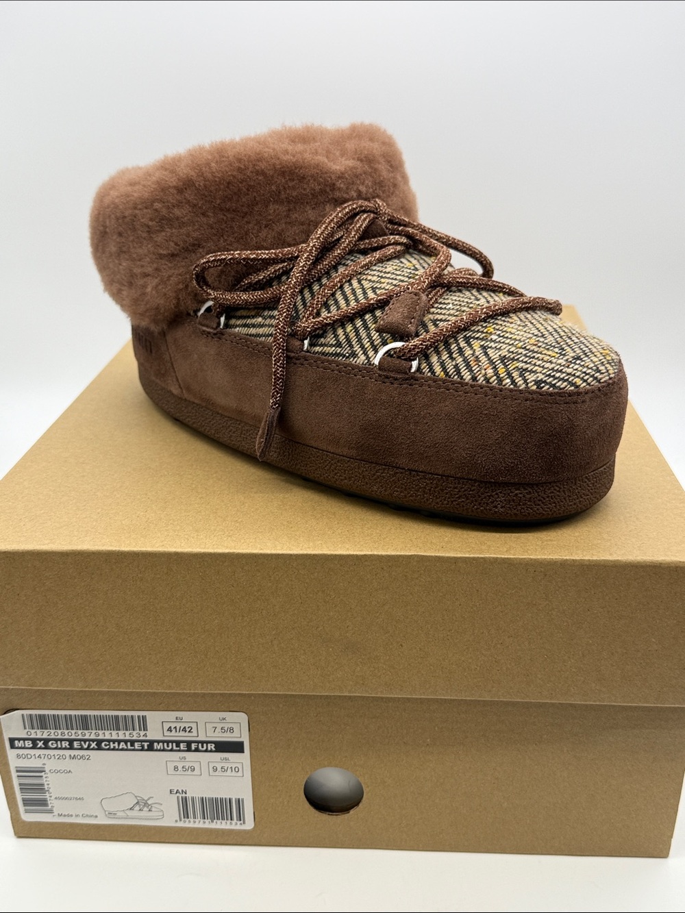 Moon Boot Brown Fur-Trimmed Suede Mule